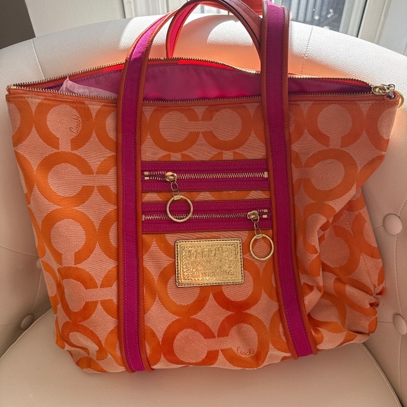 Authentic vintage coach tote bag poppy bright orange and fushia - Picture 1 of 3
